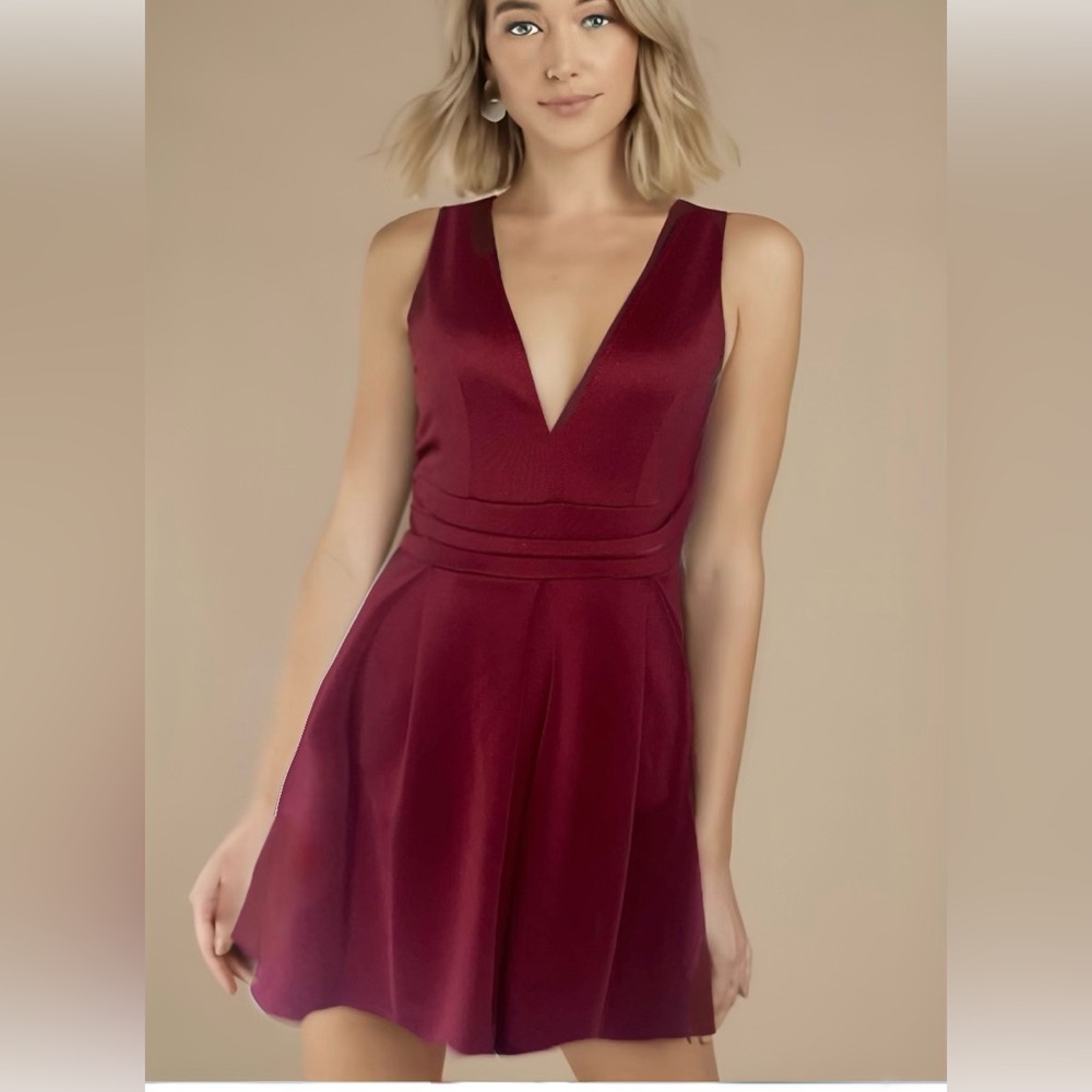 Boohoo Maroon sleeveless mini dress with skater skirt and deep v neck